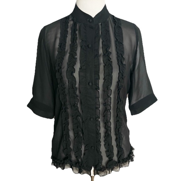Norma Kamali Poet Sheer Ruffle Top  Black Whimsy Goth Fairy Dark Academia S - Picture 1 of 4